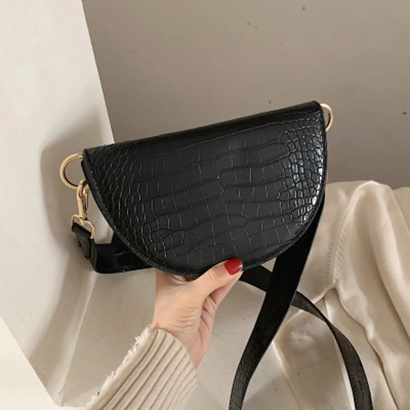 Crocodile Pattern Crossbody Bag - Half Round Solid Pu Leather Handbag
