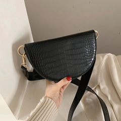 Crocodile Pattern Crossbody Bag - Half Round Solid Pu Leather Handbag