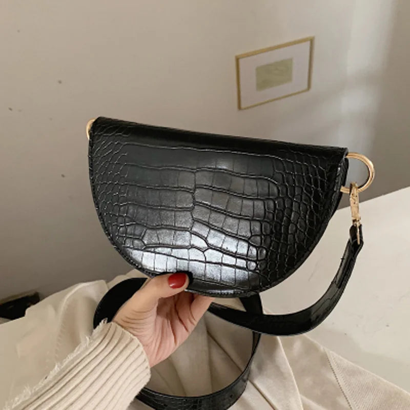 Crocodile Pattern Crossbody Bag - Half Round Solid Pu Leather Handbag