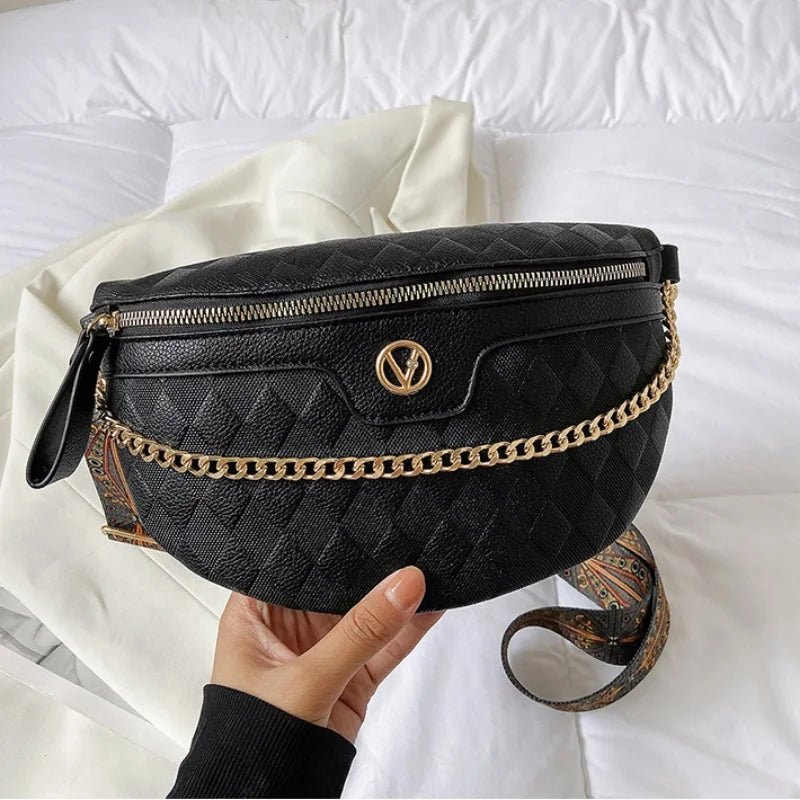 Diamond Lattice PU Leather Chain Waist Bag For Women
