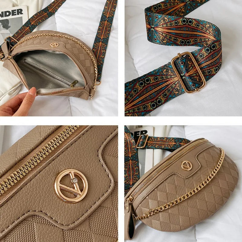 Diamond Lattice PU Leather Chain Waist Bag For Women