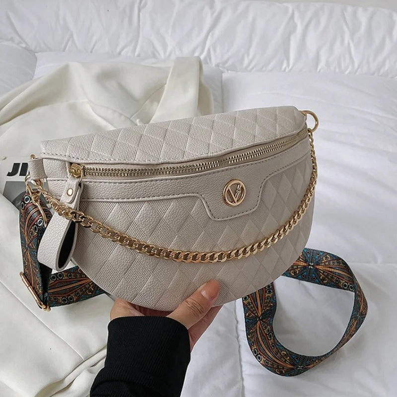 Diamond Lattice PU Leather Chain Waist Bag For Women