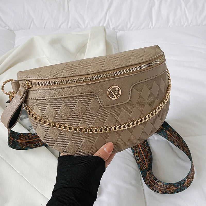 Diamond Lattice PU Leather Chain Waist Bag For Women