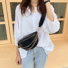 Diamond Lattice PU Leather Chain Waist Bag for Women Wide Belt Strap Crossbody