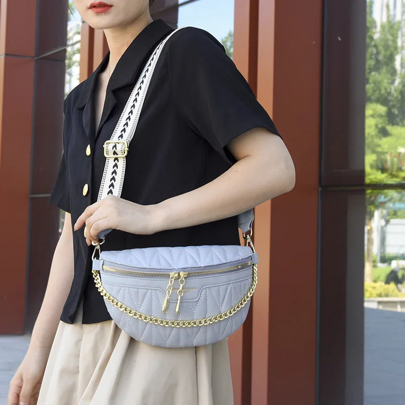 Diamond Lattice PU Waist Bag Chain Zipper Fanny Pack