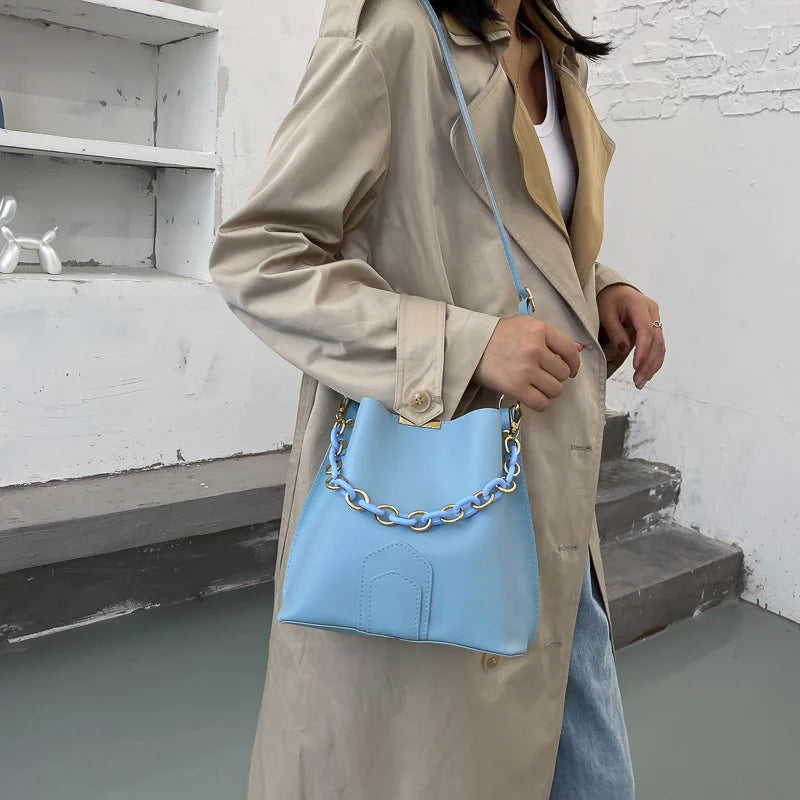 Women's Chain Tote Bucket Bag High-quality Pu Leather Handbag