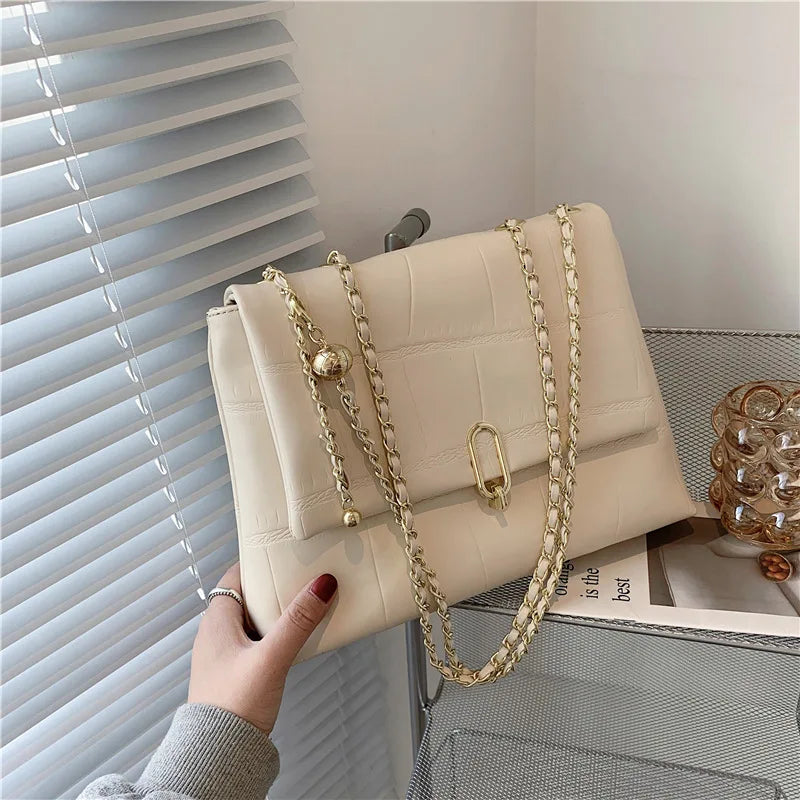 Women's High PU Leather Tote Bag with Chain Shoulder - Large Handbag