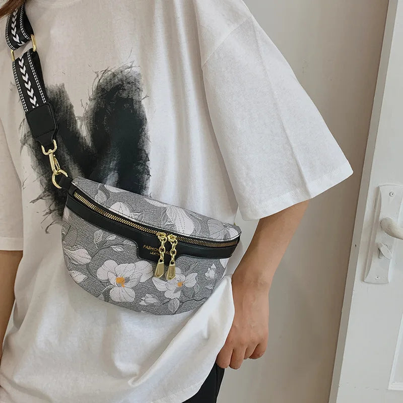 Flower Printed PU Leather Waist Bags For Women