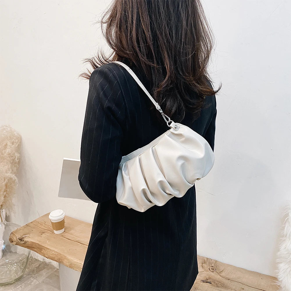 Solid Leather Handbag Pleated Shoulder Clutch Totes Bag Bolsa Feminina