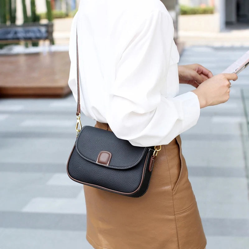 Litchi Leather Messenger Bag Women Handbag Shoulder Bag Flap