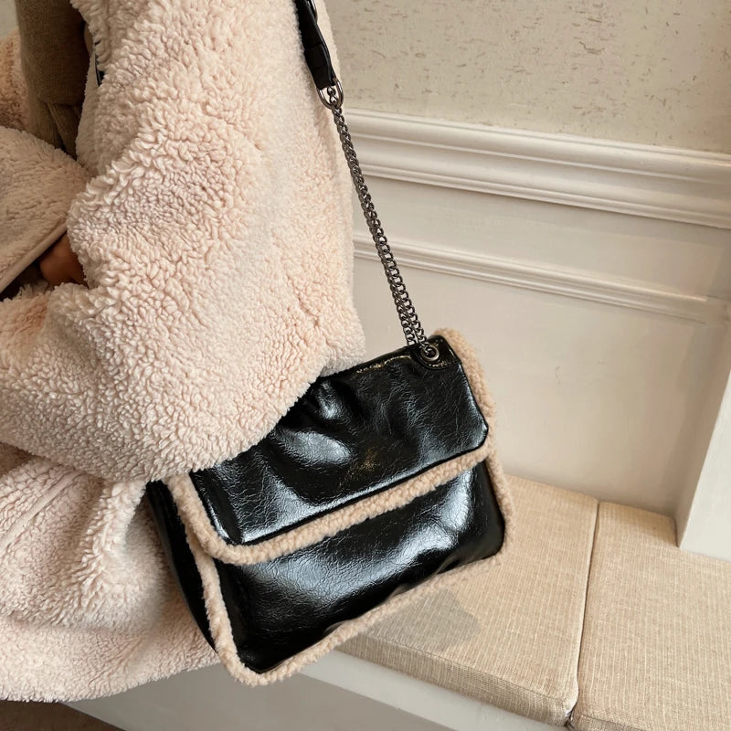 Wool Leather Crossbody Handbag Shoulder Bags Totes Purse Messenger Sling Bag