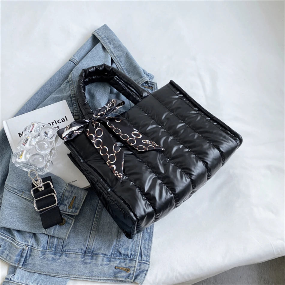 Quilted Padded Winter Totes Bag Down Fabric Cotton Shoulder Crossbody Bags