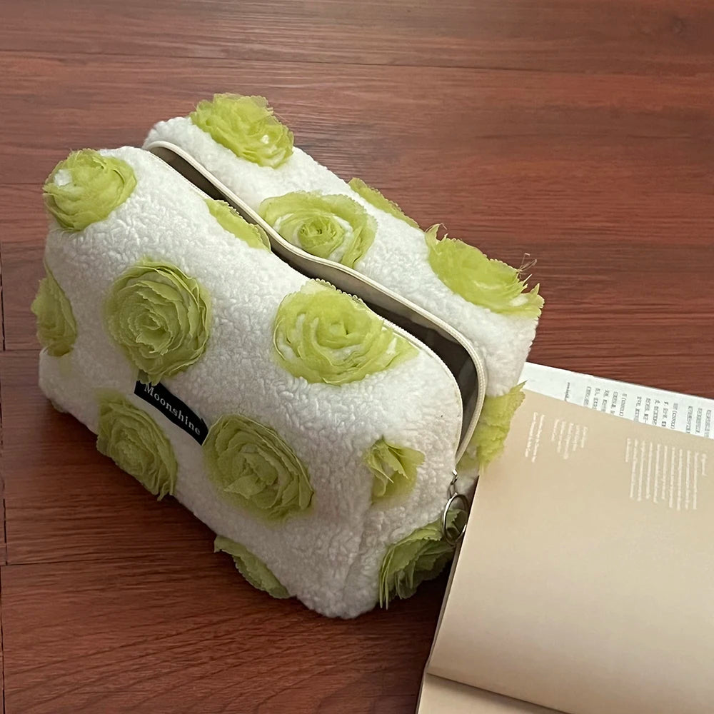 Rose Women's Clutch Cosmetic Cases Handbag Faux Fur Plush Small Storage Bag