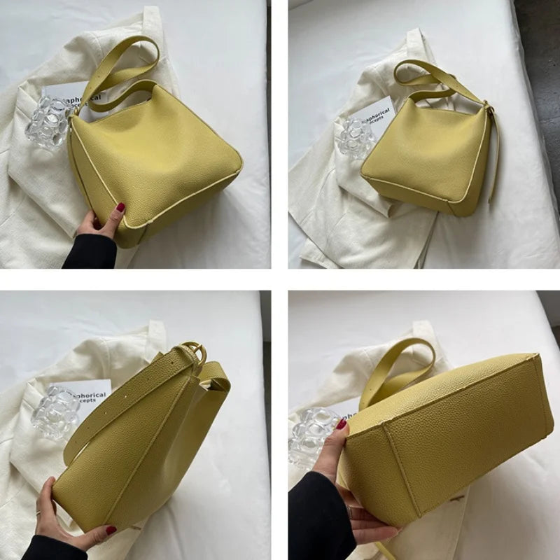 Solid Colour PU Leather Shoulder Bags For Women Large Capacity Casual Tote Bag