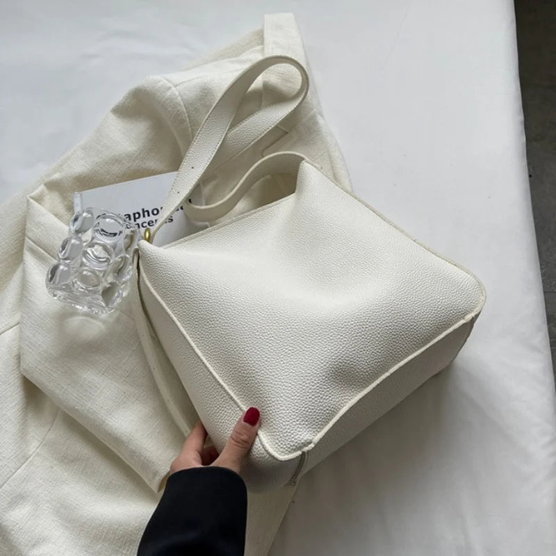 Solid Colour PU Leather Shoulder Bags For Women Large Capacity Casual Tote Bag
