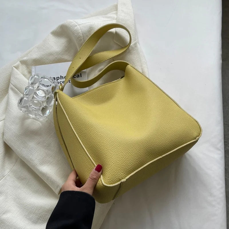 Solid Colour PU Leather Shoulder Bags For Women Large Capacity Casual Tote Bag