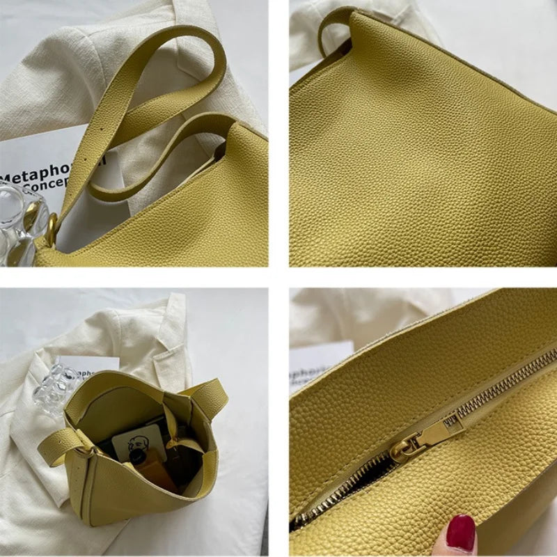 Solid Colour PU Leather Shoulder Bags For Women Large Capacity Casual Tote Bag