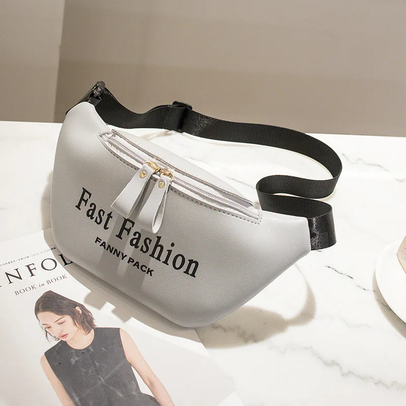 Solid Colour PU Leather Waist Bag For Women Letter Printed Waist Pack