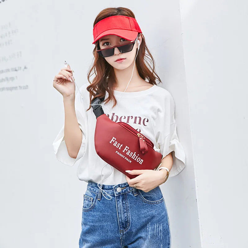 Solid Colour PU Leather Waist Bag For Women Letter Printed Waist Pack
