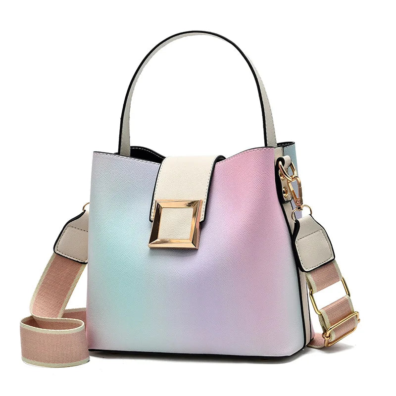 Texture Contrast Portable Bucket Bag Wide Shoulder Strap Single Shoulder Messeng