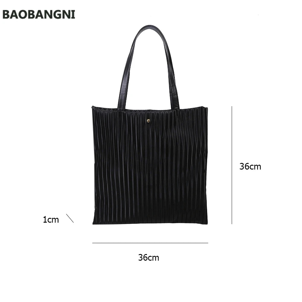 Women Pleated PU Handbags Large Capacity Tote Bags Solid Striped Travel Bag