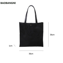 Women Pleated PU Handbags Large Capacity Tote Bags Solid Striped Travel Bag