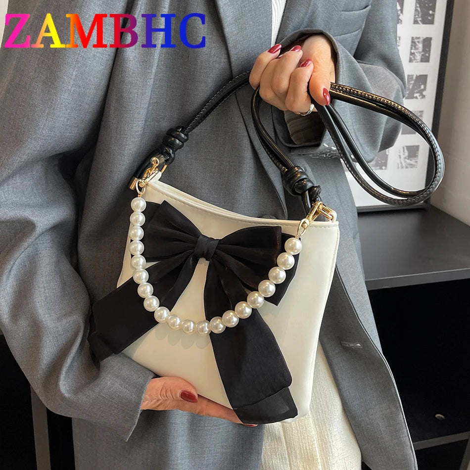 Women's Beaded Bow Crossbody Bag Soft PU Leather