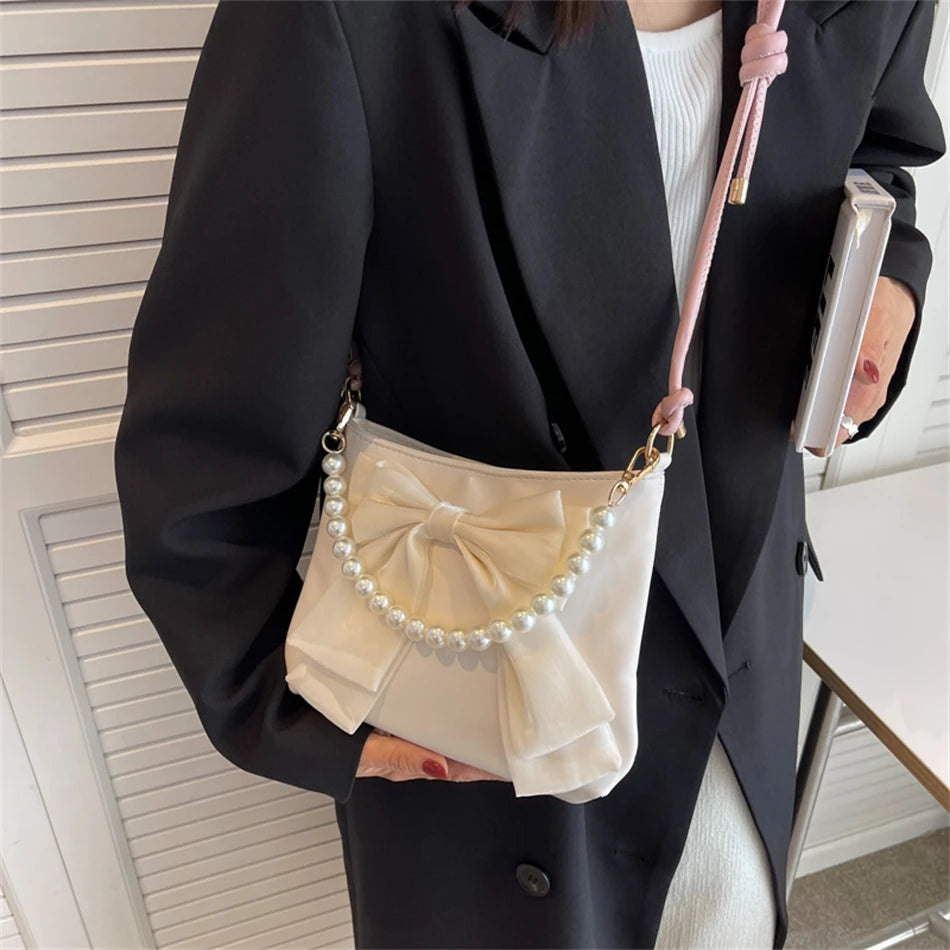 Women's Beaded Bow Crossbody Bag Soft PU Leather
