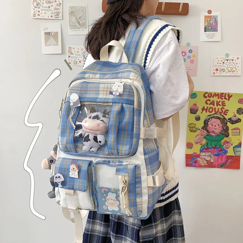 Plaid Backpack Waterproof School Bags Lightweight Travel Rucksack