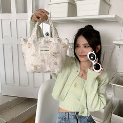 Embossed Flower Handbags for Women Portable Canvas Storage Bags