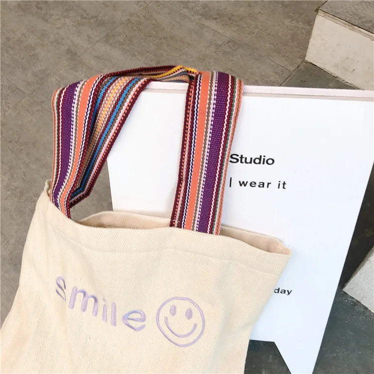 Smiling Face Embroidered Shoulder Handbag Large Capacity Student Shopping Bag
