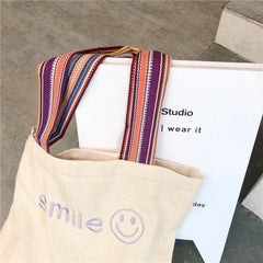 Smiling Face Embroidered Shoulder Handbag Large Capacity Student Shopping Bag