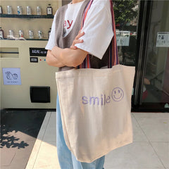 Smiling Face Embroidered Shoulder Handbag Large Capacity Student Shopping Bag