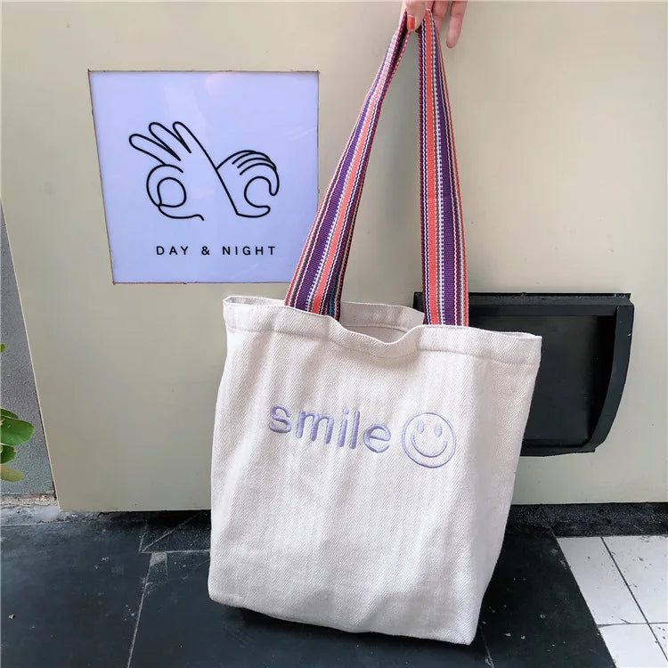 Smiling Face Embroidered Shoulder Handbag Large Capacity Student Shopping Bag