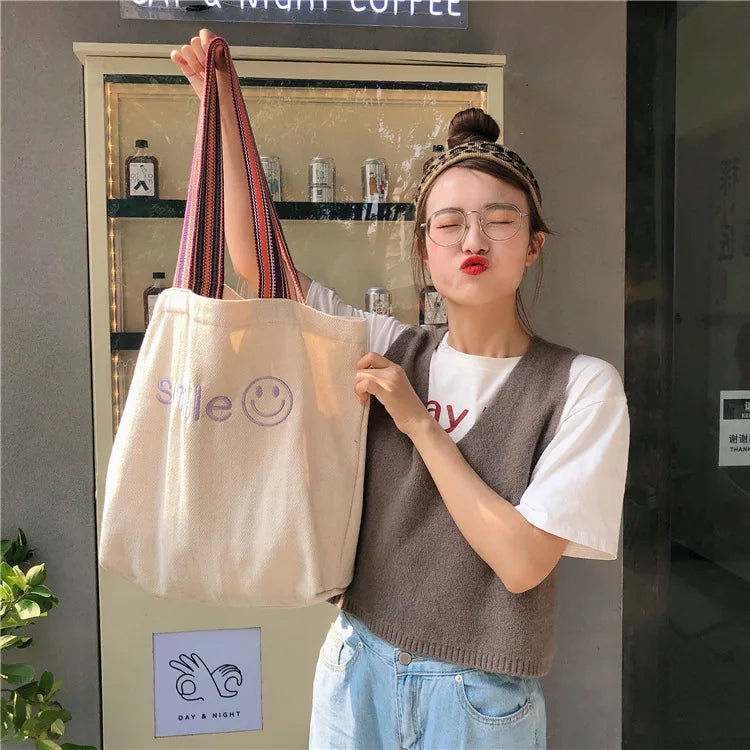 Smiling Face Embroidered Shoulder Handbag Large Capacity Student Shopping Bag