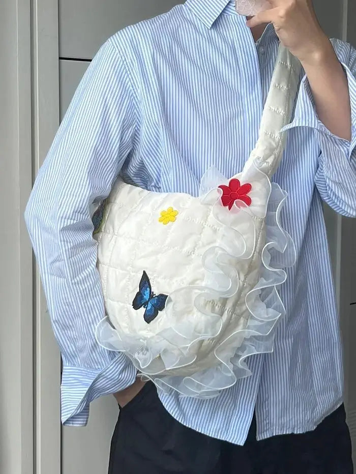 Butterfly Shoulder Bag Retro Flower Quilting Plaid Messenger Bag