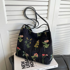 Large Flowers Tote Bag for Women Embroidery Canvas Purse Handbag