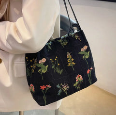 Large Flowers Tote Bag for Women Embroidery Canvas Purse Handbag