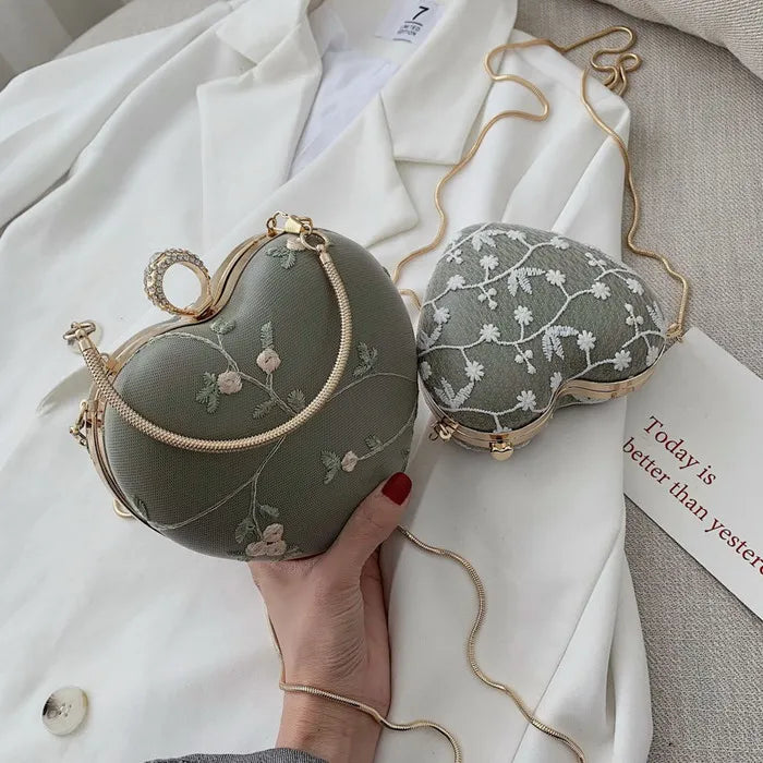 Embroidery Flowers Women Heart Clutch Evening Bags