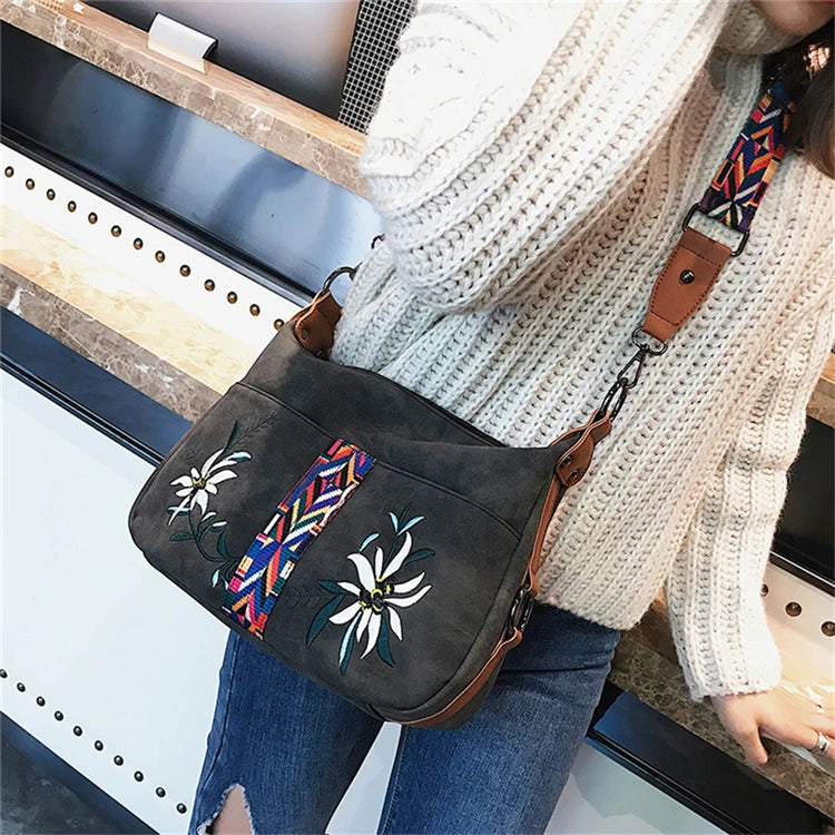 Vintage Embroidery Leather Hobo Shoulder Bag for Women