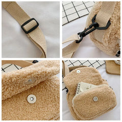Khaki Bunny Plush Shoulder Bag Small Wool Cross Body Bag