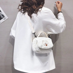 Khaki Bunny Plush Shoulder Bag Small Wool Cross Body Bag