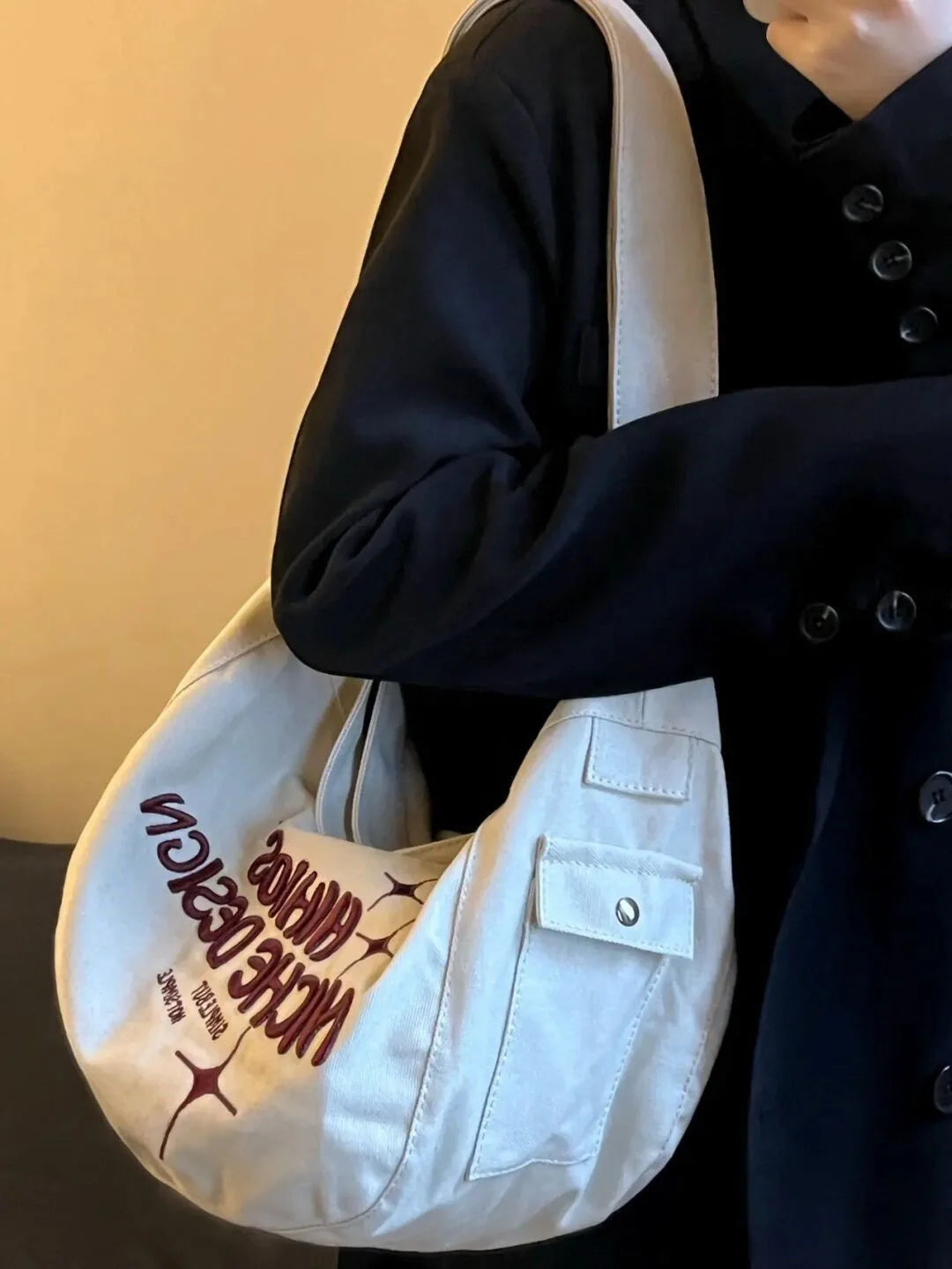 Embroidery Letter Canvas Shoulder Tote Bag Women Casual Armpit Handbag