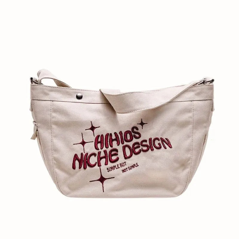 Embroidery Letter Canvas Shoulder Tote Bag Women Casual Armpit Handbag