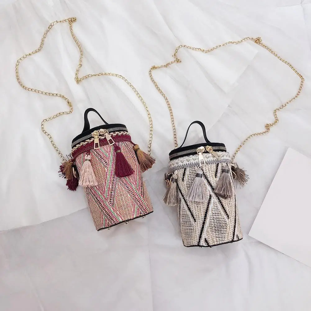Ethnic Tassel Shoulder Messenger Handbags PU Leather Weaving Women Casual Small