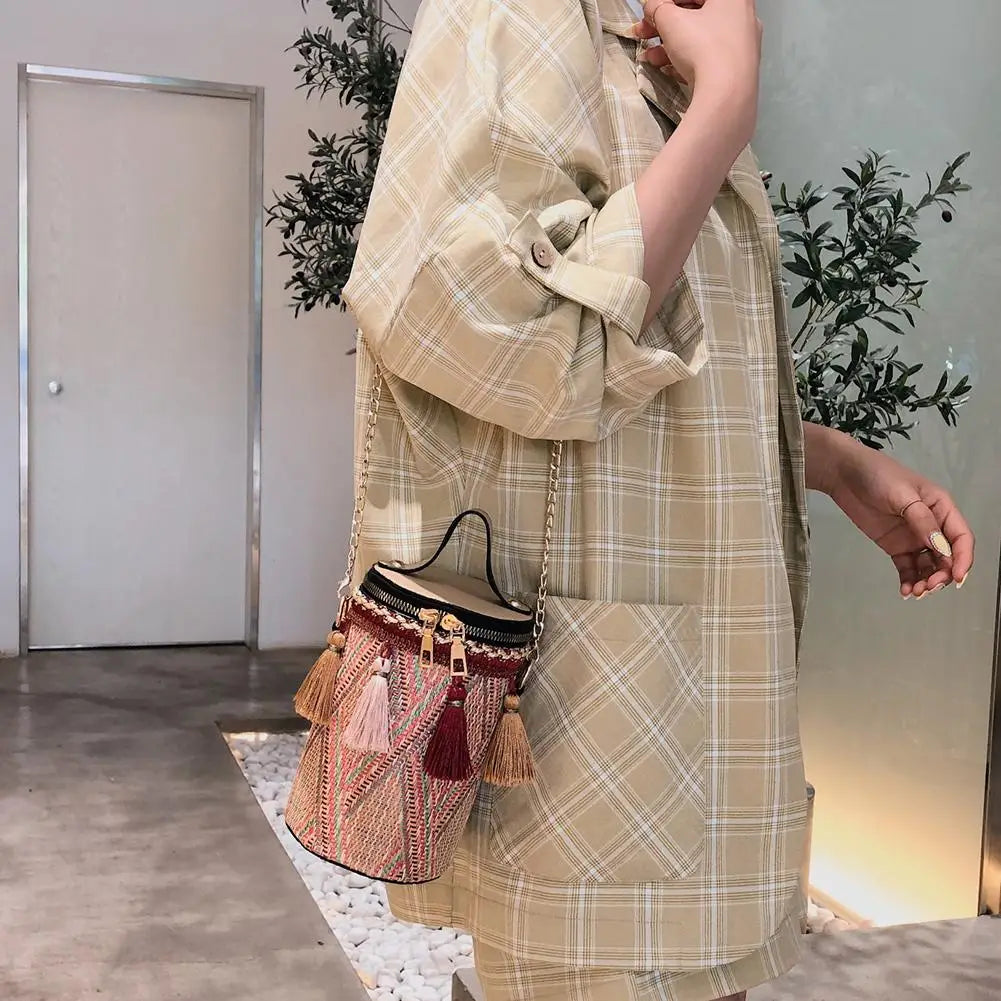 Ethnic Tassel Shoulder Messenger Handbags PU Leather Weaving Women Casual Small