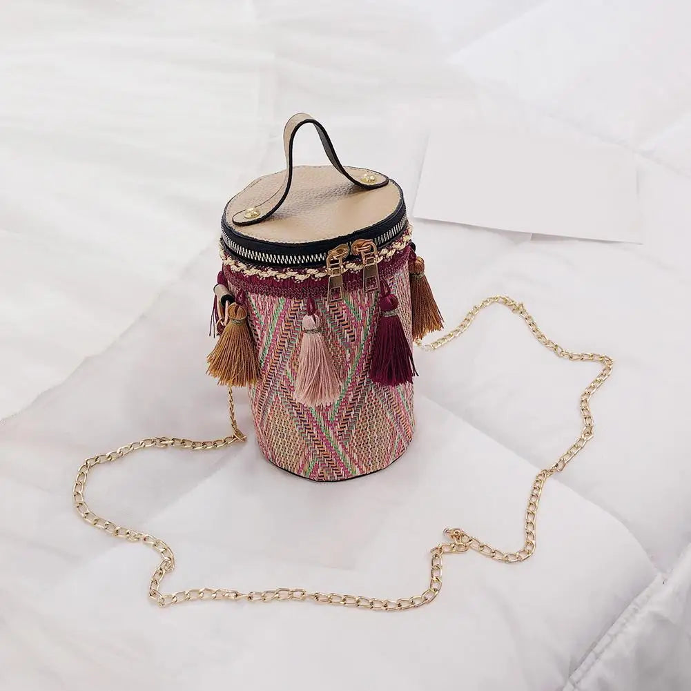 Ethnic Tassel Shoulder Messenger Handbags PU Leather Weaving Women Casual Small