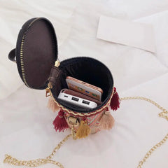 Ethnic Tassel Shoulder Messenger Handbags PU Leather Weaving Women Casual Small
