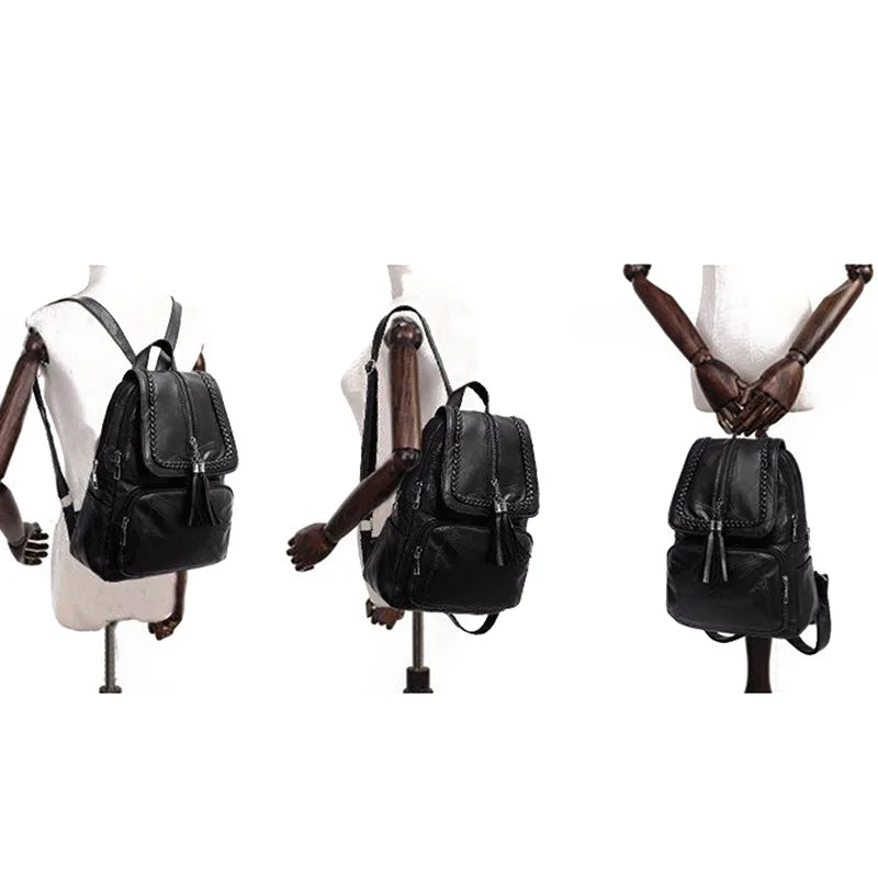 European American Fringed Solid Backpack Women Travel Bag