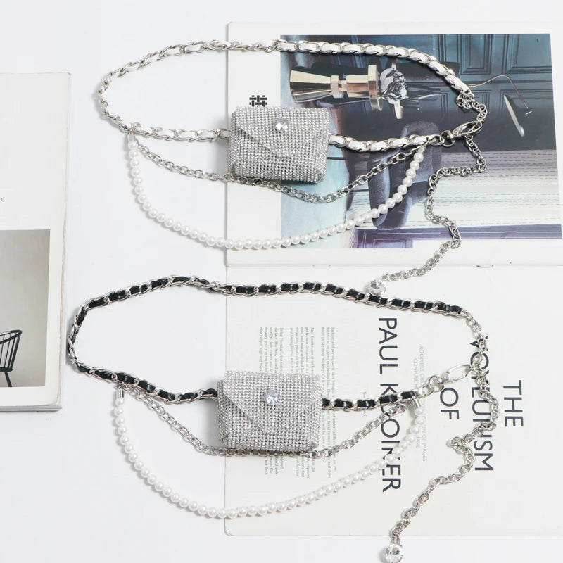 Mini Rhinestone PVC Waist Pack Women Fanny Pack Metal Chain Belt